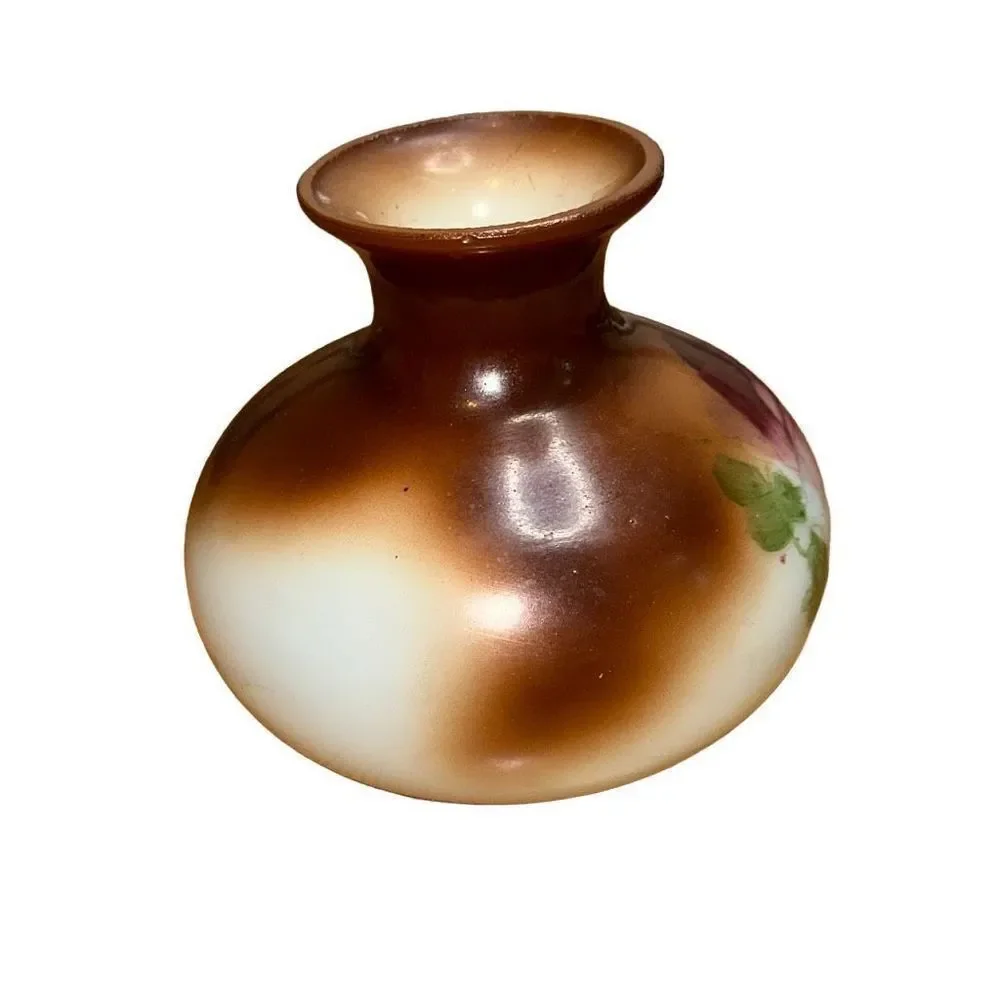 HAND PAINTED MILK GLASS VASE - Squat & Round Brown with Red Rose VINTAGE COUNTRY